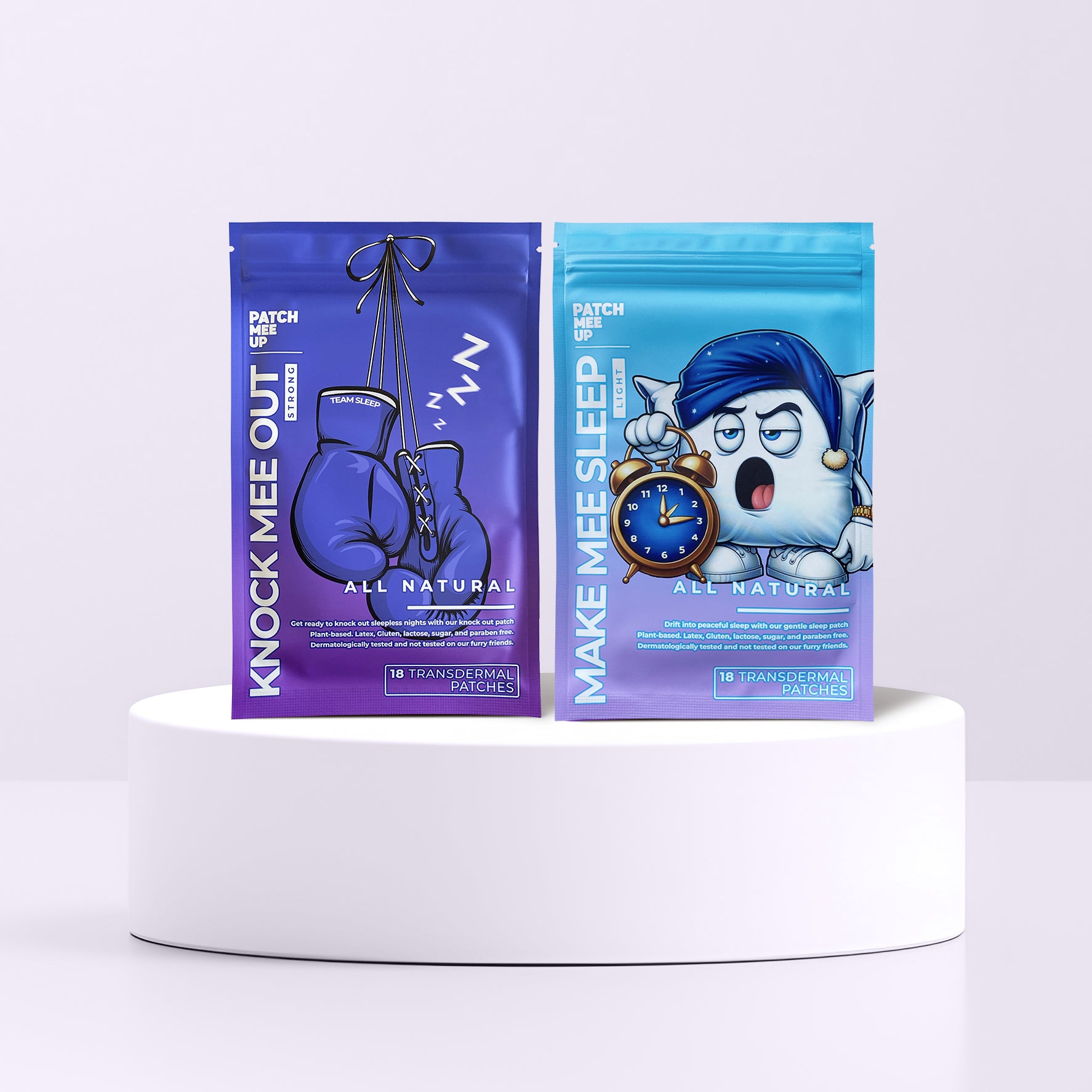 Two packages of 'Knock Mee Out' and 'Make Mee Sleep' on a white pedestal with a light gray background.